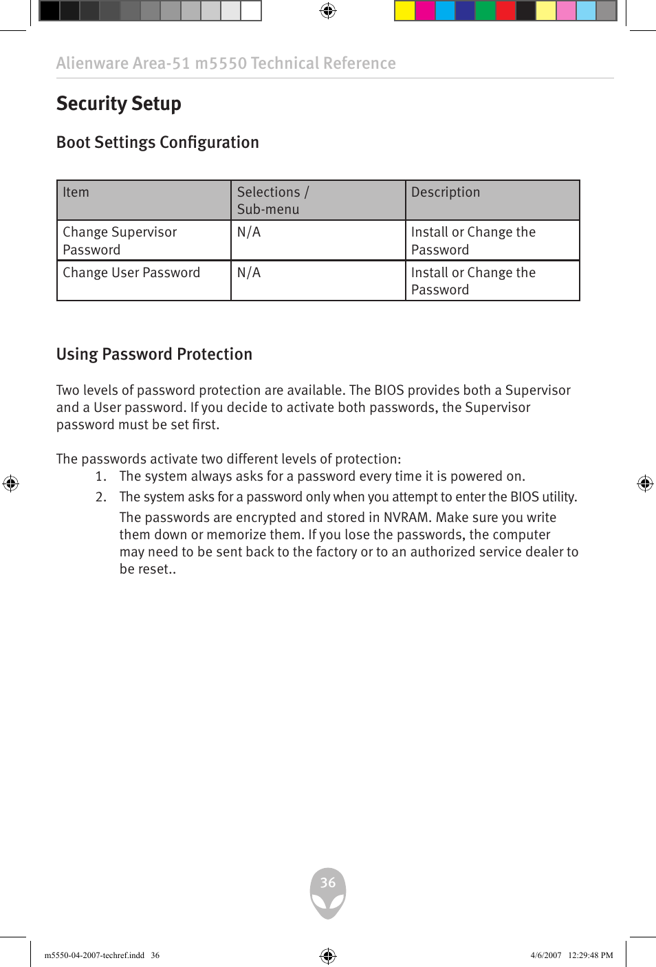 Security setup, Using password protection, Boot settings configuration | Alienware Area-51 m5550 User Manual | Page 36 / 92