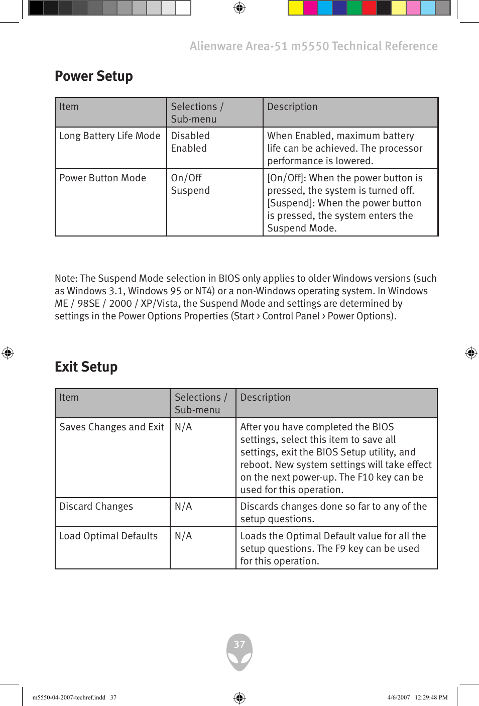 Power setup, Exit setup | Alienware Area-51 m5550 User Manual | Page 37 / 92