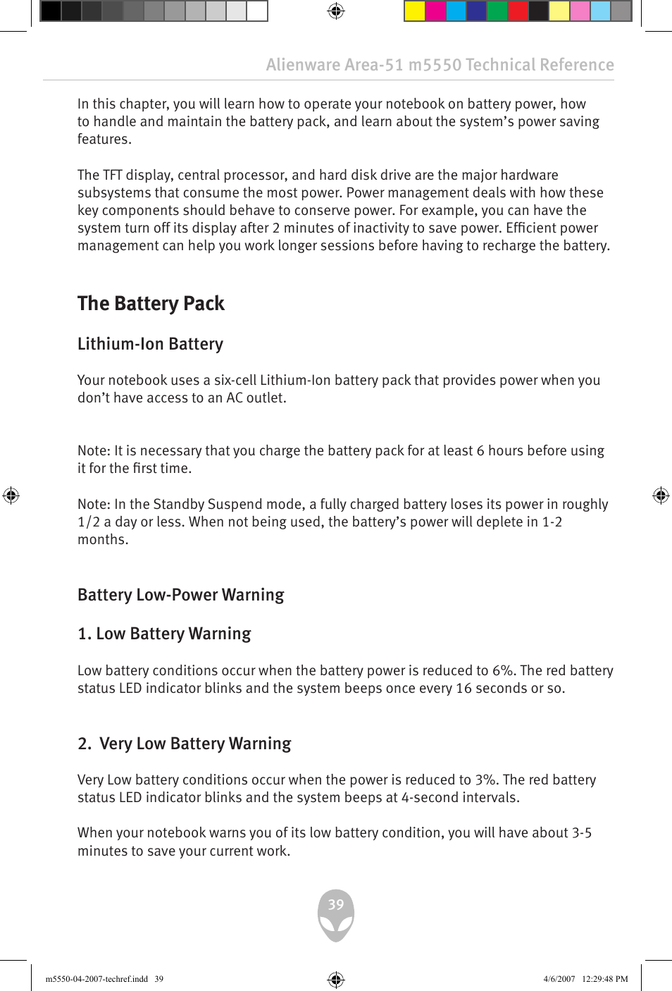 The battery pack, Lithium-ion battery, Battery low-power warning 1. low battery warning | Very low battery warning | Alienware Area-51 m5550 User Manual | Page 39 / 92