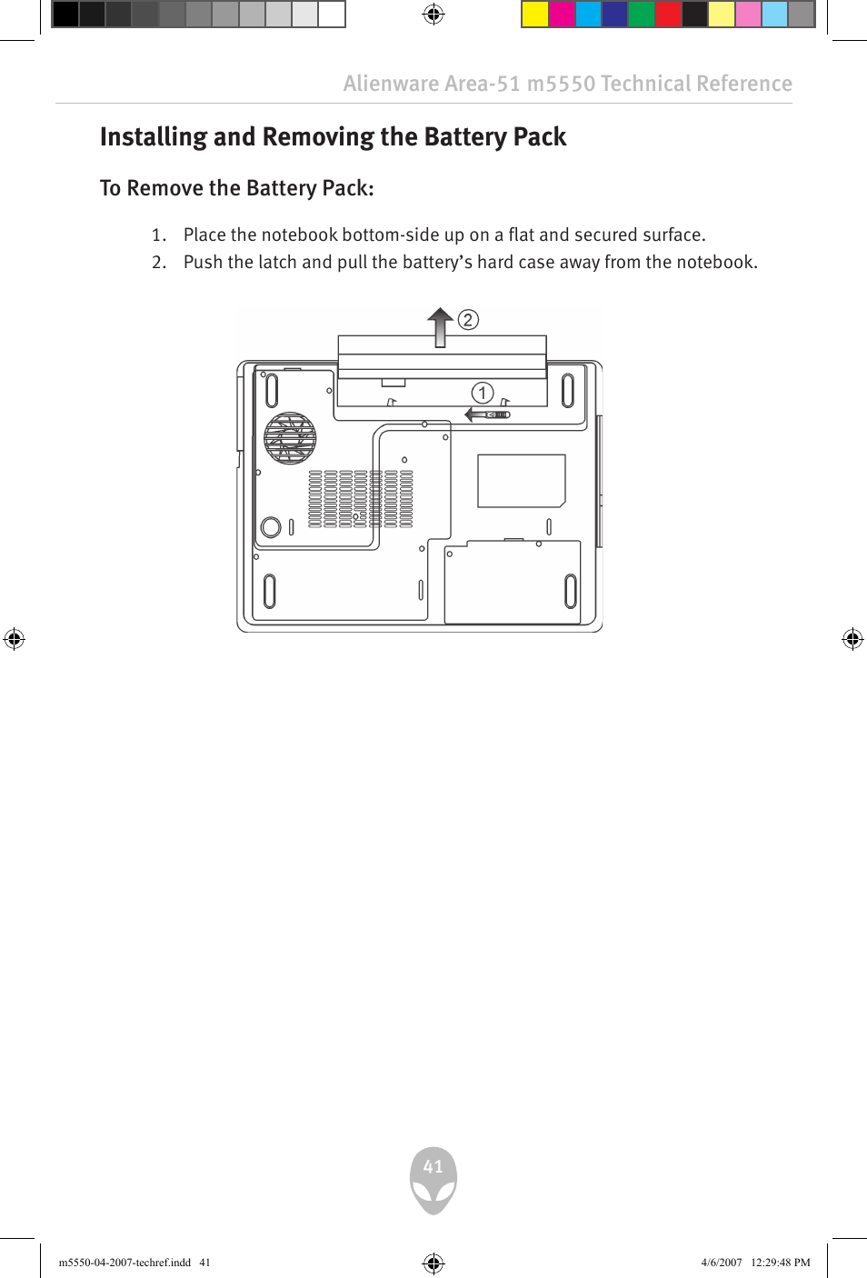 Installing and removing the battery pack | Alienware Area-51 m5550 User Manual | Page 41 / 92