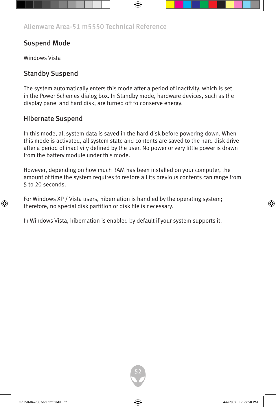 Suspend mode, Standby suspend, Hibernate suspend | Alienware Area-51 m5550 User Manual | Page 52 / 92