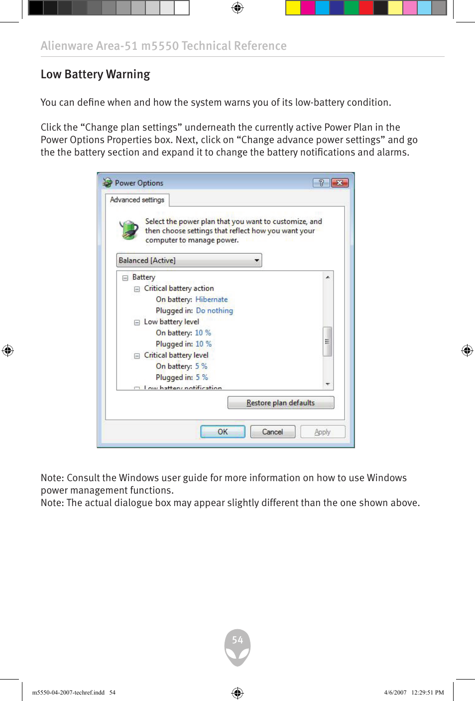 Low battery warning | Alienware Area-51 m5550 User Manual | Page 54 / 92