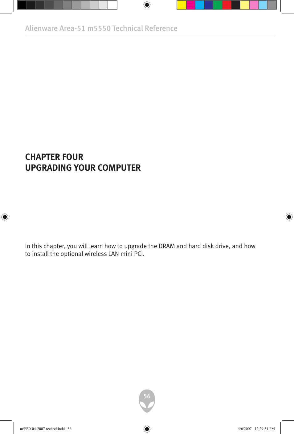 Chapter four upgrading your computer | Alienware Area-51 m5550 User Manual | Page 56 / 92