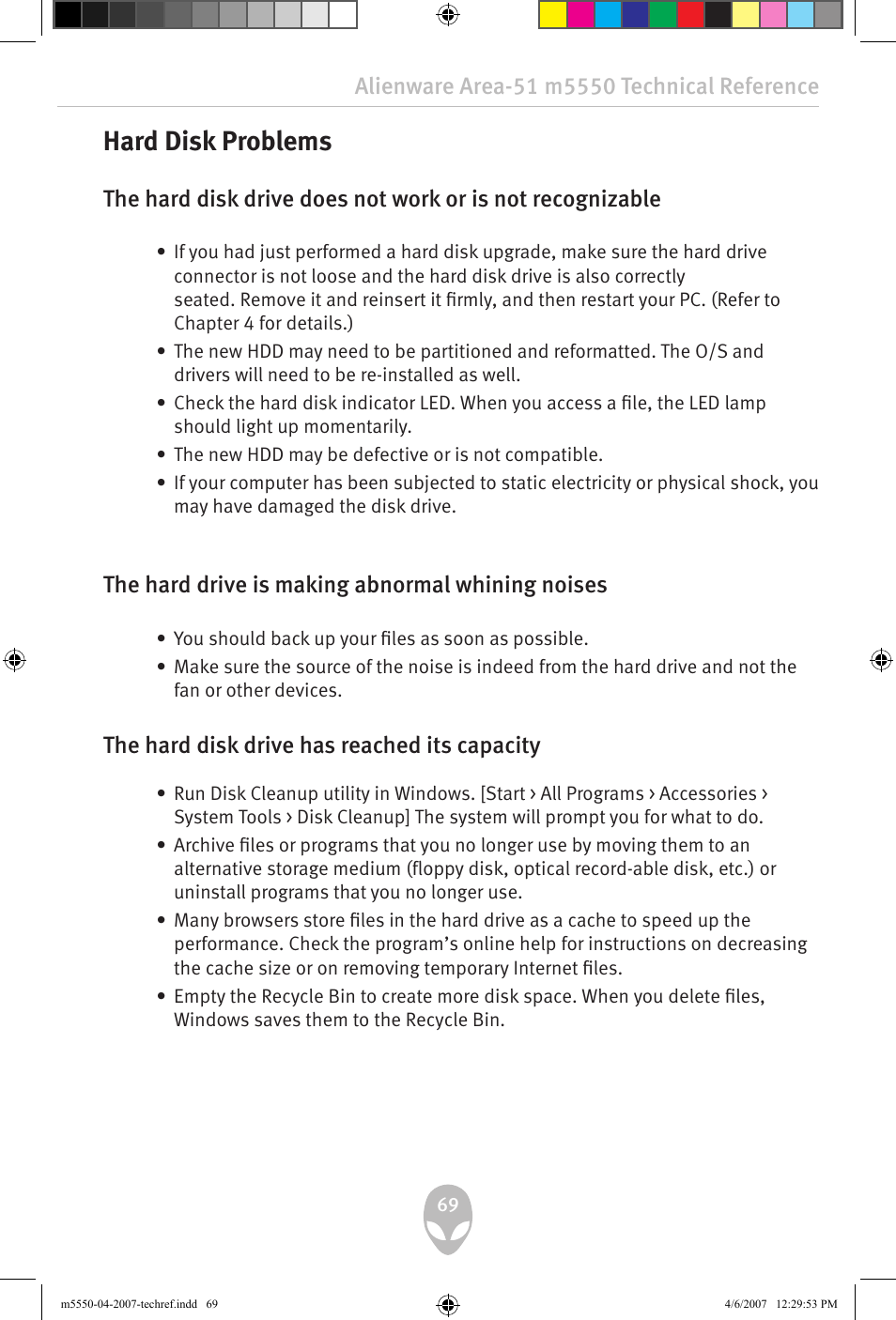 Hard disk problems, The hard drive is making abnormal whining noises, The hard disk drive has reached its capacity | Alienware Area-51 m5550 User Manual | Page 69 / 92