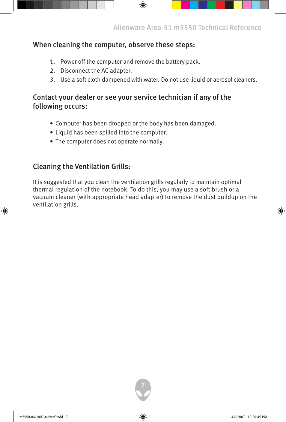 When cleaning the computer, observe these steps, Cleaning the ventilation grills | Alienware Area-51 m5550 User Manual | Page 7 / 92