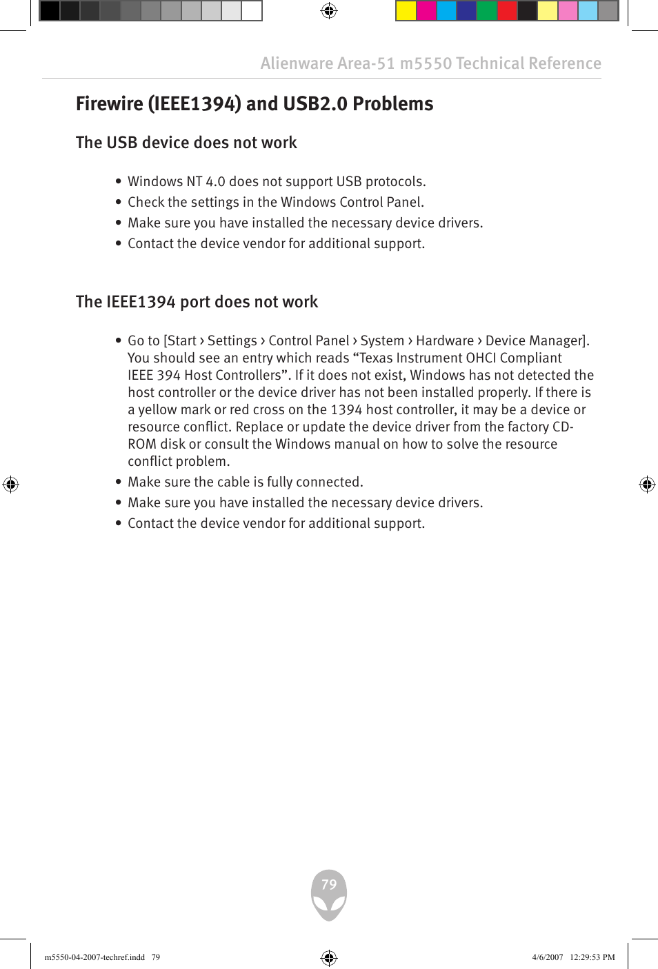 The usb device does not work, The ieee1 port does not work | Alienware Area-51 m5550 User Manual | Page 79 / 92