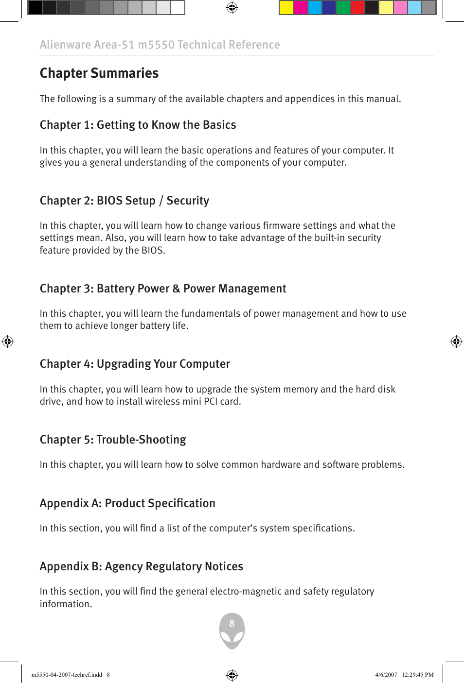 Chapter summaries | Alienware Area-51 m5550 User Manual | Page 8 / 92