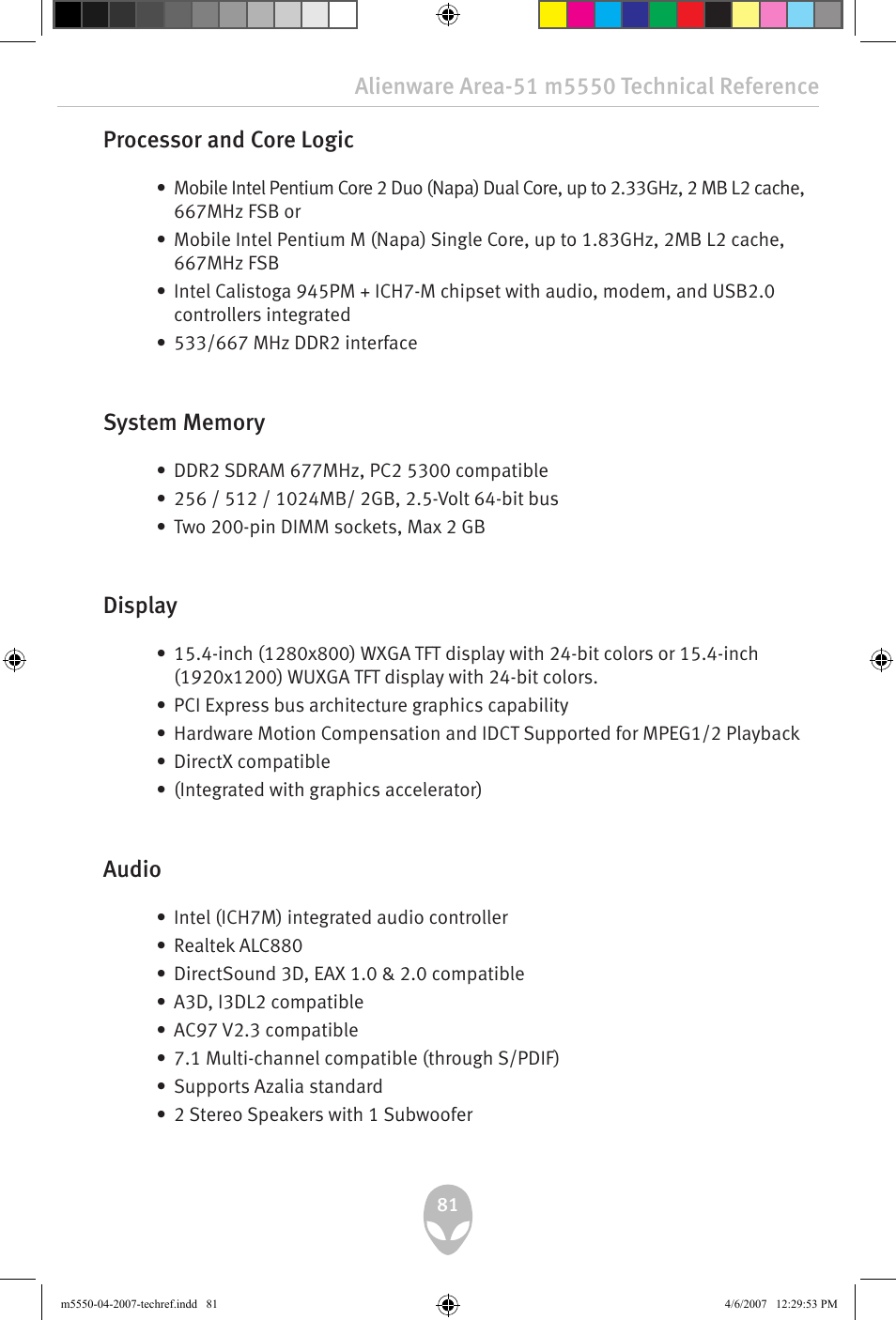 Processor and core logic, Display, Audio | Alienware Area-51 m5550 User Manual | Page 81 / 92