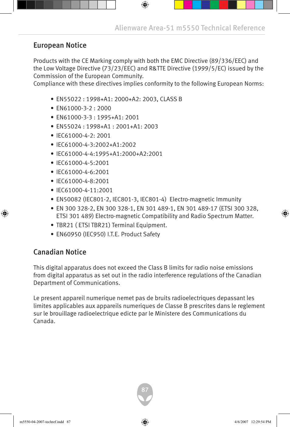 European notice, Canadian notice | Alienware Area-51 m5550 User Manual | Page 87 / 92