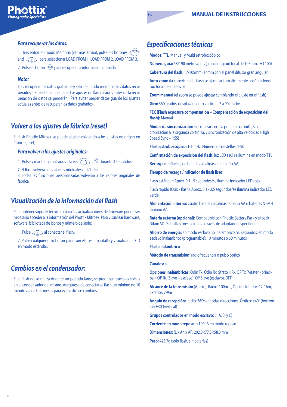 Especificaciones técnicas, Volver a los ajustes de fábrica (reset), Visualización de la información del flash | Cambios en el condensador | Phottix Mitros for Nikon User Manual | Page 60 / 134