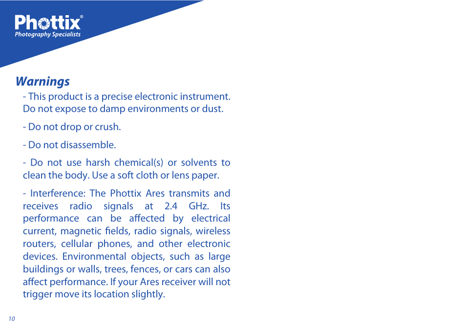 Warnings | Phottix Ares User Manual | Page 10 / 74