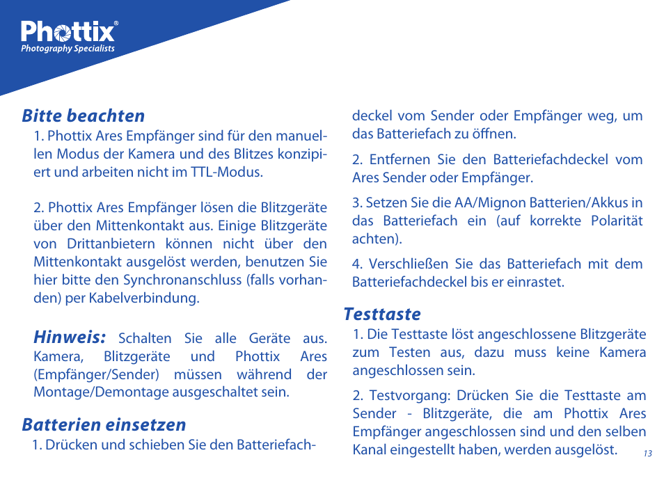 Hinweis, Bitte beachten, Batterien einsetzen | Testtaste | Phottix Ares User Manual | Page 13 / 74