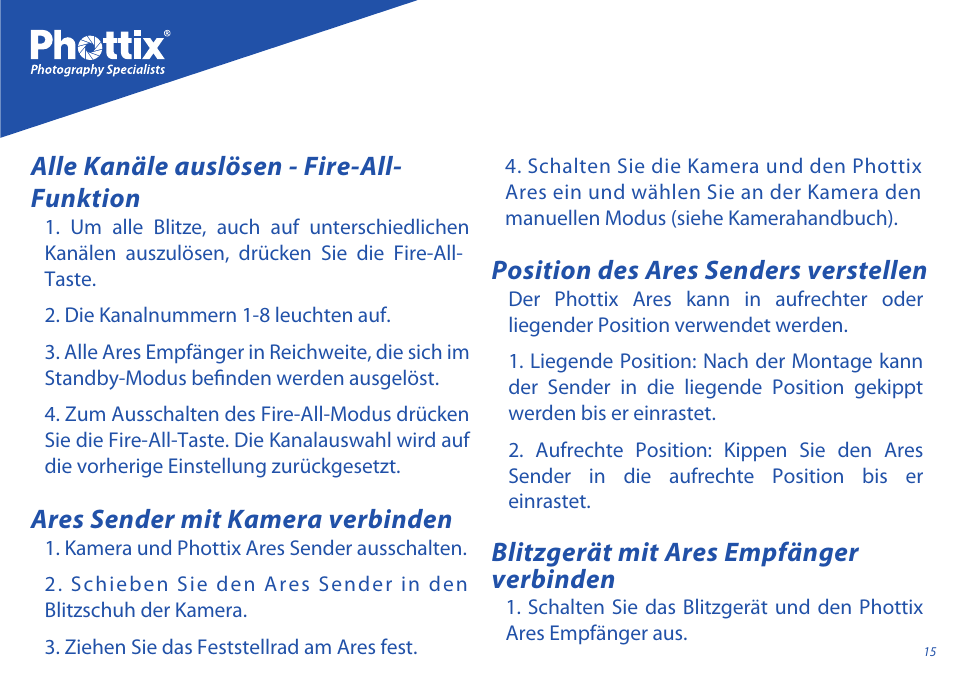 Ares sender mit kamera verbinden, Position des ares senders verstellen, Blitzgerät mit ares empfänger verbinden | Alle kanäle auslösen - fire-all- funktion | Phottix Ares User Manual | Page 15 / 74