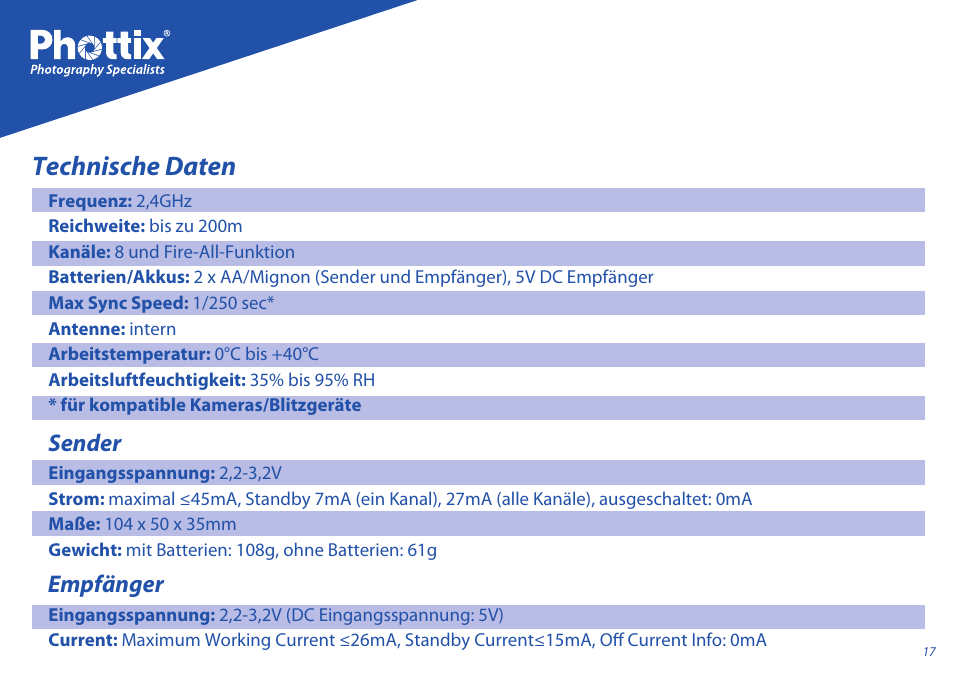 Technische daten, Sender, Empfänger | Phottix Ares User Manual | Page 17 / 74