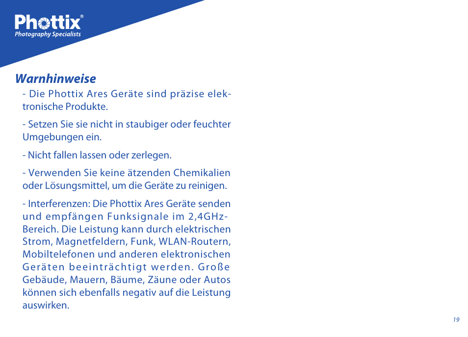Warnhinweise | Phottix Ares User Manual | Page 19 / 74
