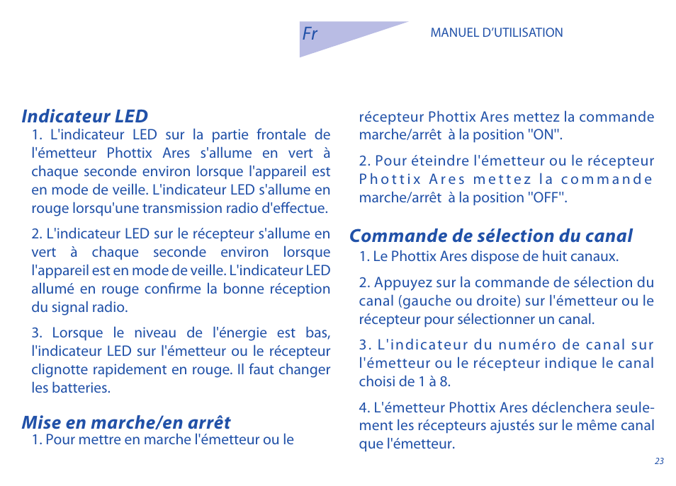 Indicateur led, Commande de sélection du canal, Mise en marche/en arrêt fr | Phottix Ares User Manual | Page 23 / 74