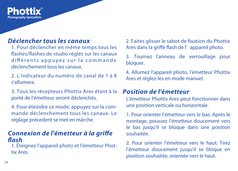 Déclencher tous les canaux, Position de l'émetteur, Connexion de l'émetteur à la griffe flash | Phottix Ares User Manual | Page 24 / 74