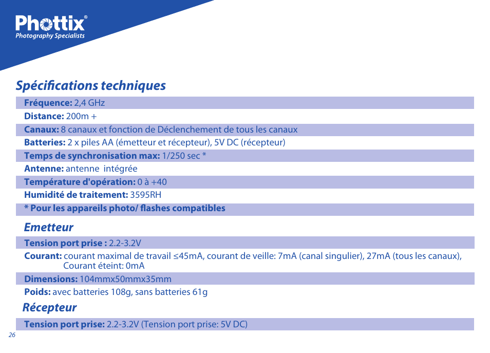 Spécifications techniques, Emetteur, Récepteur | Phottix Ares User Manual | Page 26 / 74