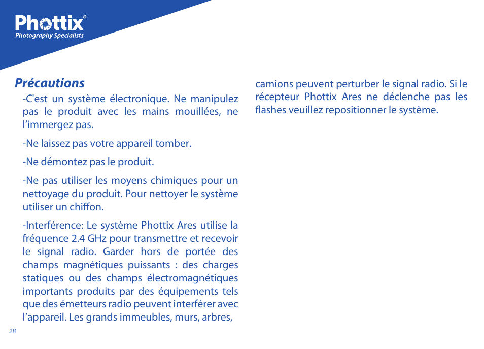 Précautions | Phottix Ares User Manual | Page 28 / 74