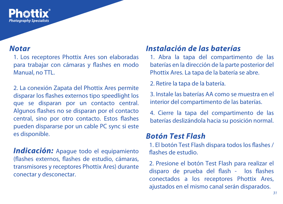 Indicación, Notar, Instalación de las baterías | Botón test flash | Phottix Ares User Manual | Page 31 / 74