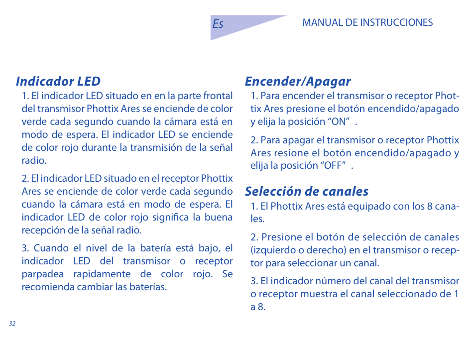 Indicador led, Encender/apagar, Selección de canales es | Phottix Ares User Manual | Page 32 / 74