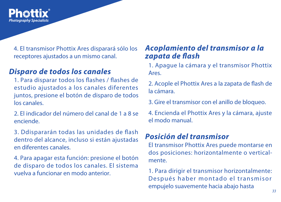 Disparo de todos los canales, Posición del transmisor, Acoplamiento del transmisor a la zapata de flash | Phottix Ares User Manual | Page 33 / 74