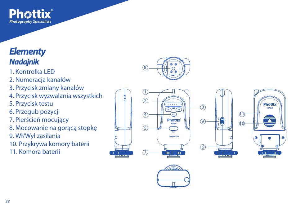 Elementy, Nadajnik | Phottix Ares User Manual | Page 38 / 74