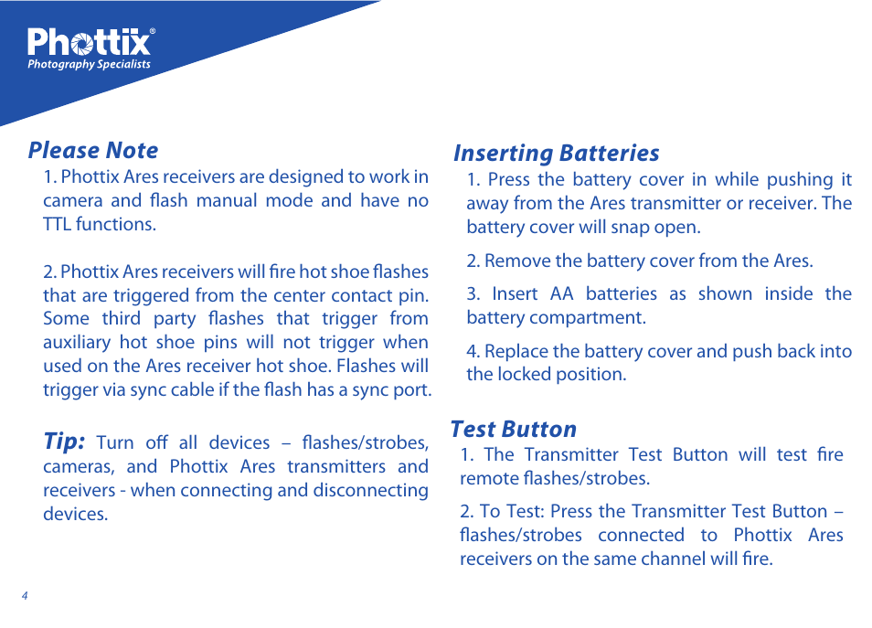 Inserting batteries, Test button | Phottix Ares User Manual | Page 4 / 74