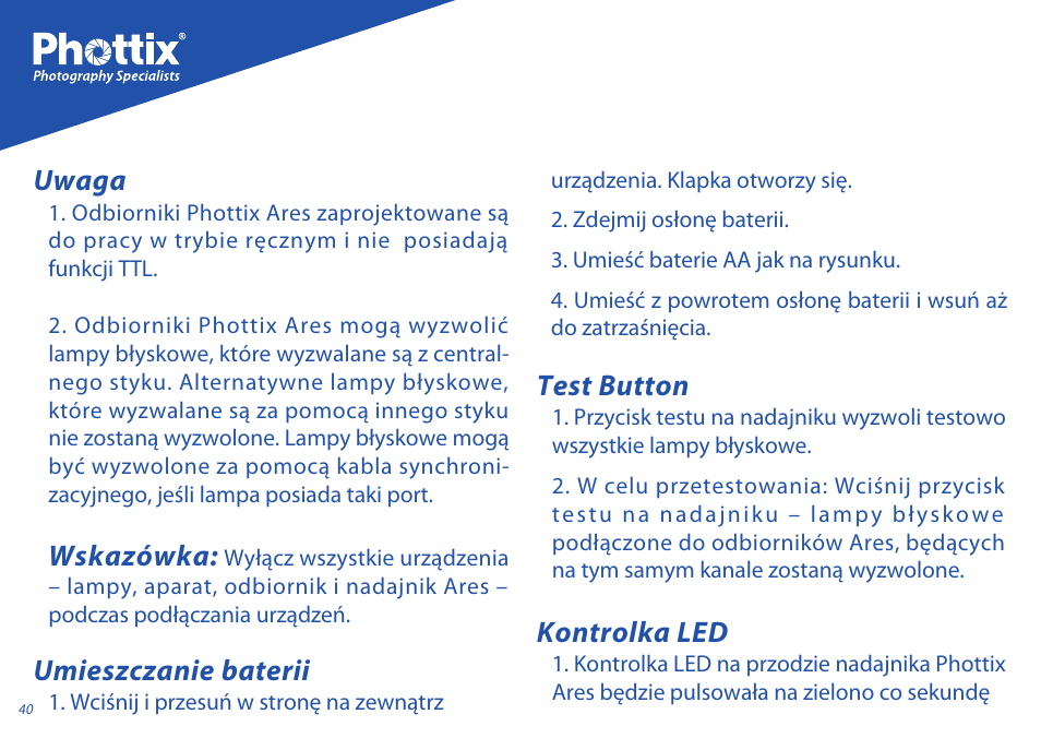 Wskazówka, Uwaga, Umieszczanie baterii | Test button, Kontrolka led | Phottix Ares User Manual | Page 40 / 74