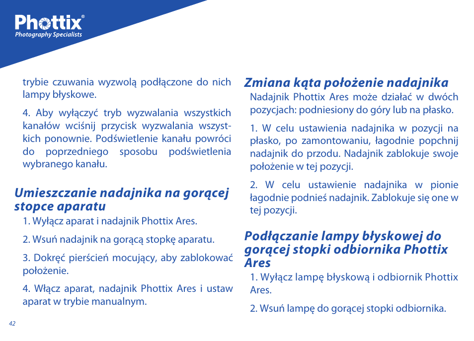 Zmiana kąta położenie nadajnika, Umieszczanie nadajnika na gorącej stopce aparatu | Phottix Ares User Manual | Page 42 / 74
