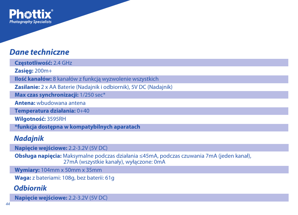 Dane techniczne, Nadajnik, Odbiornik | Phottix Ares User Manual | Page 44 / 74