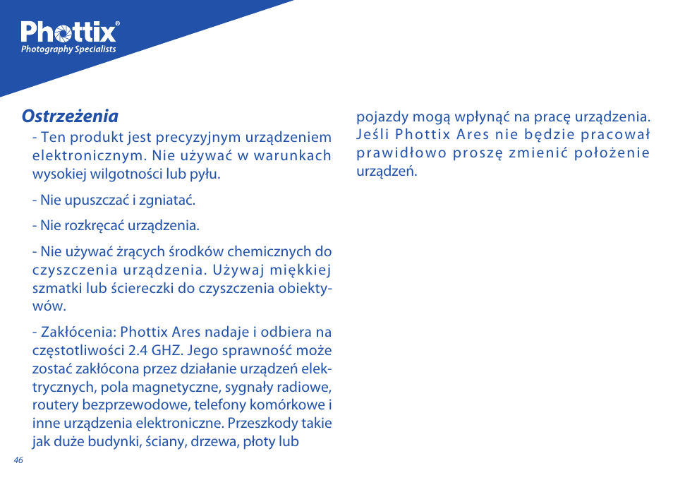 Ostrzeżenia | Phottix Ares User Manual | Page 46 / 74