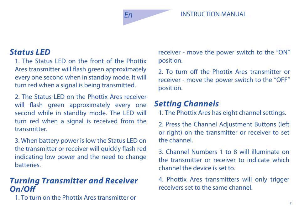 Status led, Setting channels, Turning transmitter and receiver on/off | Phottix Ares User Manual | Page 5 / 74