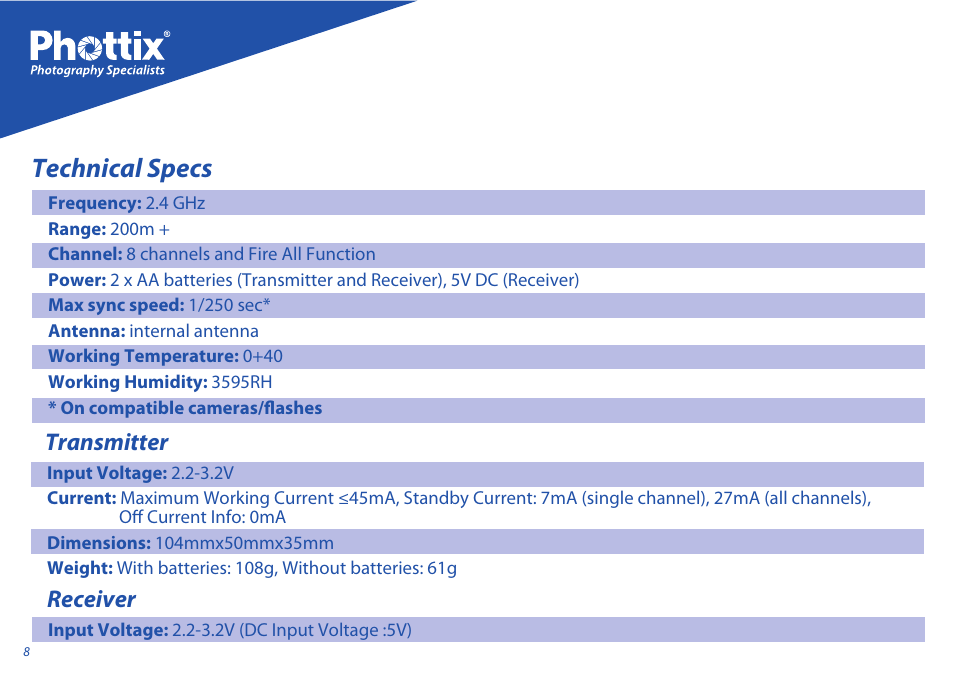 Technical specs, Transmitter, Receiver | Phottix Ares User Manual | Page 8 / 74