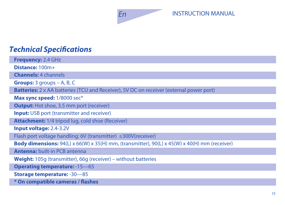 Technical specifications | Phottix Odin for Nikon User Manual | Page 15 / 120
