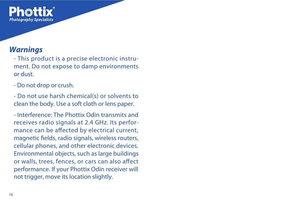 Warnings | Phottix Odin for Nikon User Manual | Page 16 / 120