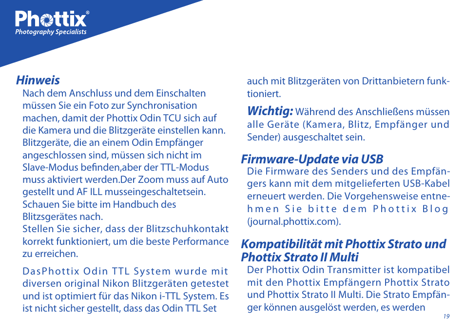 Wichtig, Hinweis | Phottix Odin for Nikon User Manual | Page 19 / 120
