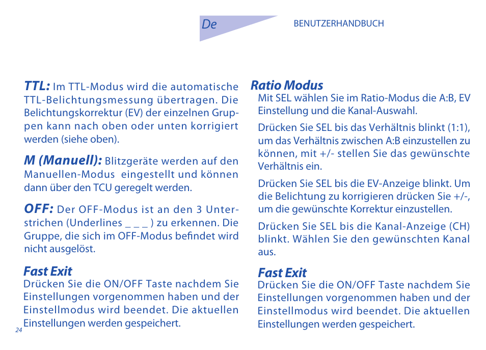 Fast exit, Ratio modus, M (manuell) | Phottix Odin for Nikon User Manual | Page 24 / 120