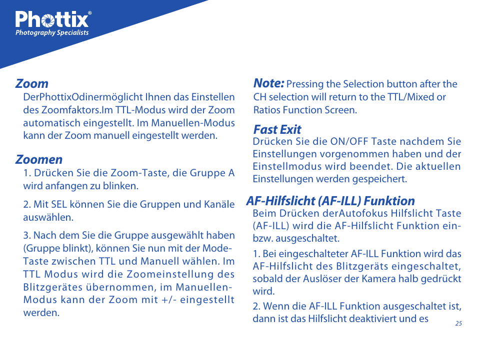 Zoom, Zoomen, Fast exit af-hilfslicht (af-ill) funktion | Phottix Odin for Nikon User Manual | Page 25 / 120