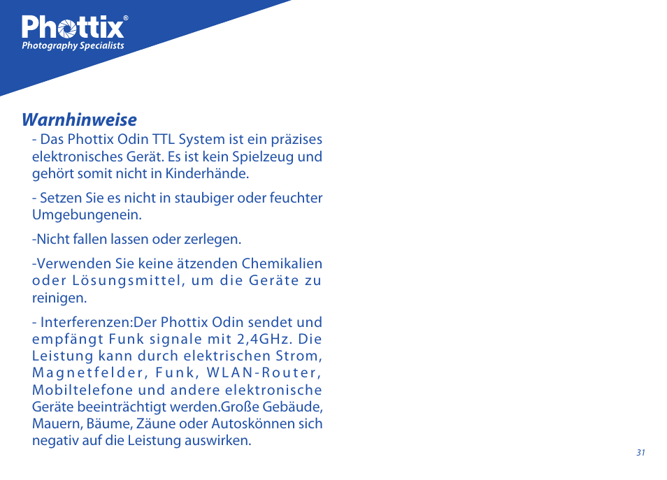 Warnhinweise | Phottix Odin for Nikon User Manual | Page 31 / 120
