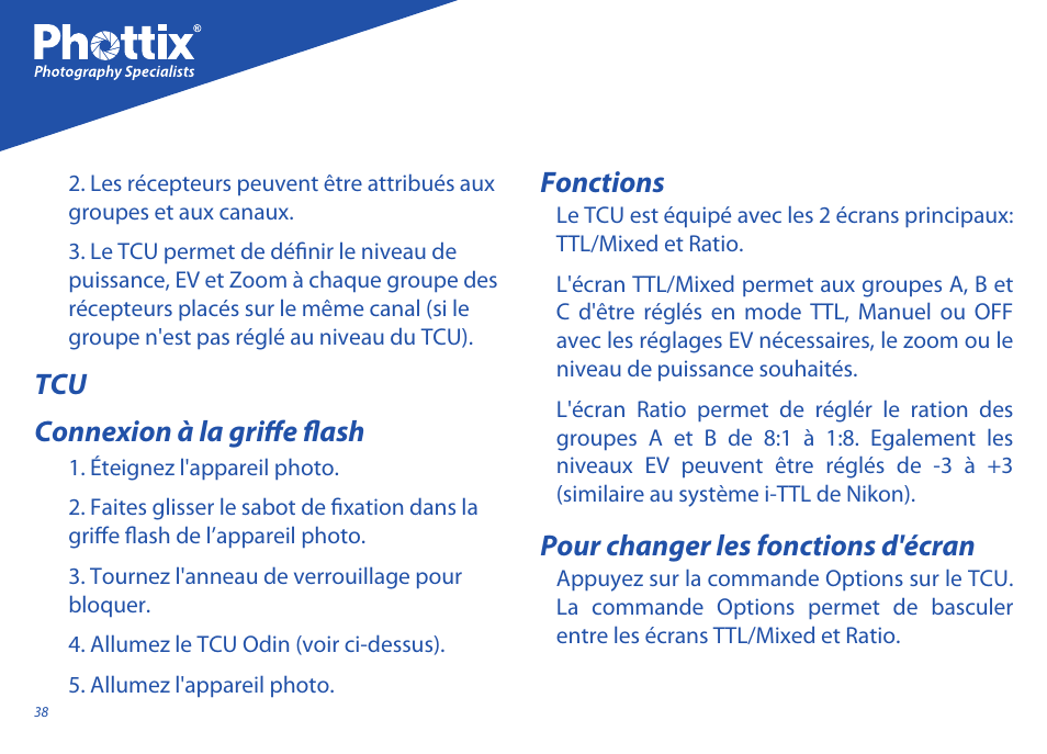 Tcu connexion à la griffe flash fonctions, Pour changer les fonctions d'écran | Phottix Odin for Nikon User Manual | Page 38 / 120