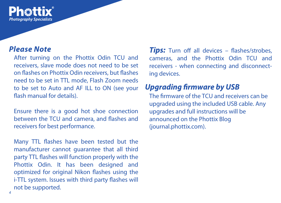 Upgrading firmware by usb, Tips | Phottix Odin for Nikon User Manual | Page 4 / 120