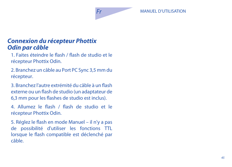 Connexion du récepteur phottix odin par câble | Phottix Odin for Nikon User Manual | Page 45 / 120