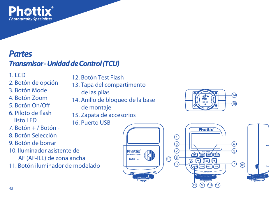 Partes, Transmisor - unidad de control (tcu) | Phottix Odin for Nikon User Manual | Page 48 / 120