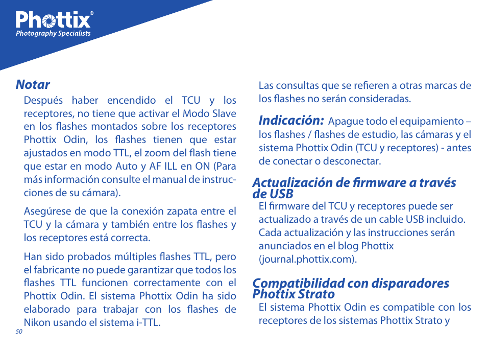 Actualización de firmware a través de usb, Indicación, Compatibilidad con disparadores phottix strato | Notar | Phottix Odin for Nikon User Manual | Page 50 / 120