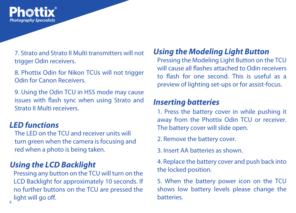 Inserting batteries | Phottix Odin for Nikon User Manual | Page 6 / 120