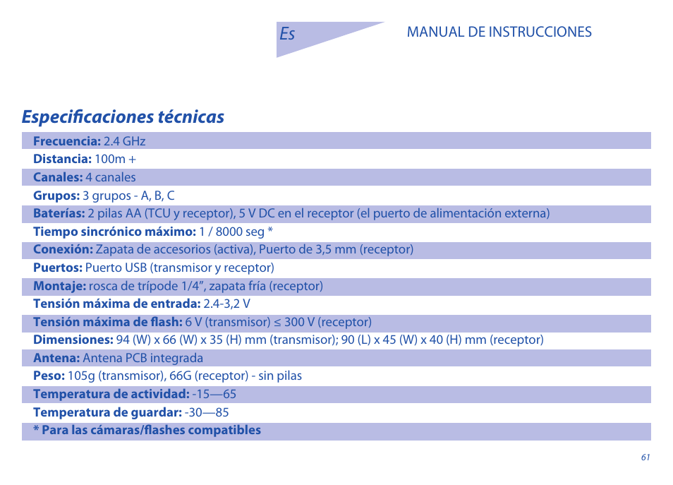 Especificaciones técnicas | Phottix Odin for Nikon User Manual | Page 61 / 120