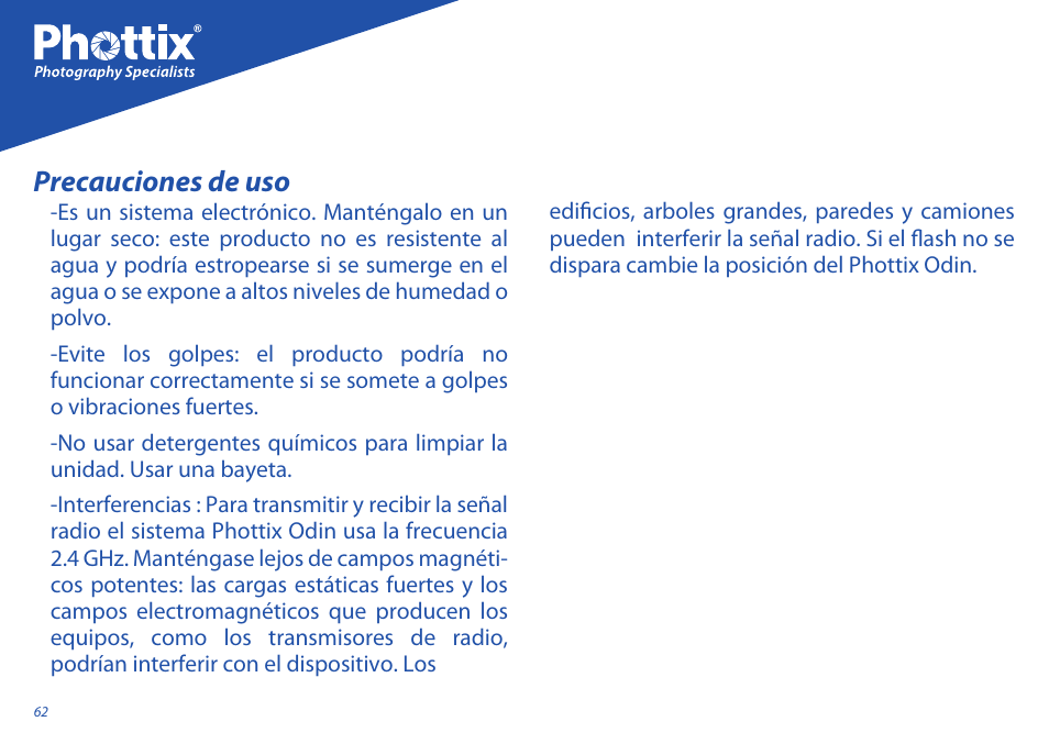 Precauciones de uso | Phottix Odin for Nikon User Manual | Page 62 / 120