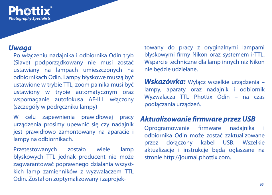 Aktualizowanie firmware przez usb, Wskazówka, Uwaga | Phottix Odin for Nikon User Manual | Page 65 / 120
