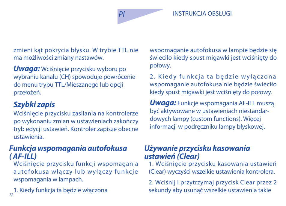 Uwaga, Używanie przycisku kasowania ustawień (clear) | Phottix Odin for Nikon User Manual | Page 72 / 120